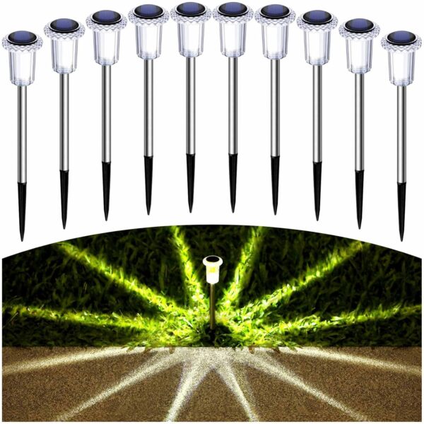 Solar Outdoor Lights 10 Pack Pathway Solar Lights LED Waterproof Stainless Steel Garden Stake for Pathway, Walkway, Sidewalk, Driveway, Lawn (Yellow)