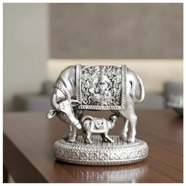 999 Pure Silver Plated Kamdhenu Cow Idol | 2.5 inch Vastu Home Decor for Pooja Room & Mandir | Symbol of Prosperity & Abundance | Ideal Religious & Spiritual Gift