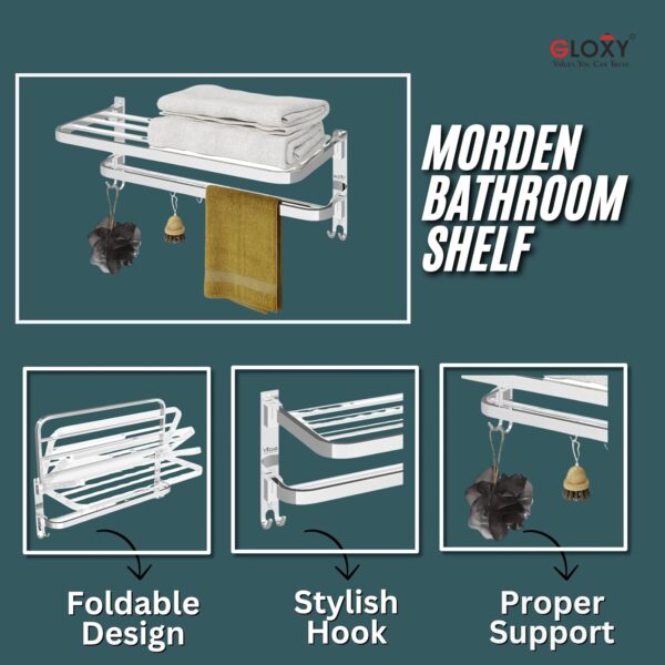 Gloxy Premium Towel Rack in Bathroom - Chrome Finish 24 Inch Stainless Steel Bathroom Hangers for Clothes Towel Holder in Bathroom - Bathroom Fittings Accessories Set with Multipurpose Hooks