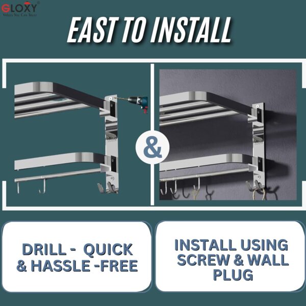 Gloxy Premium Towel Rack in Bathroom - Chrome Finish 24 Inch Stainless Steel Bathroom Hangers for Clothes Towel Holder in Bathroom - Bathroom Fittings Accessories Set with Multipurpose Hooks