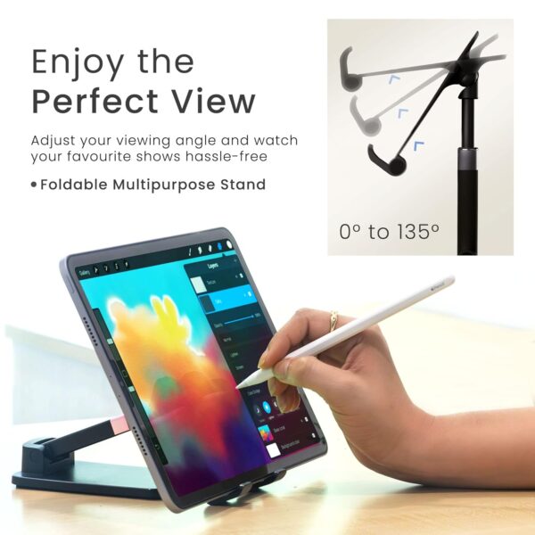 Ambrane Tablet & Mobile Holder for All Smartphones, Tabs, Kindle, iPad Mobile Holding Tabletop Stand, Height Adjustment, Foldable Design, Multipurpose, Anti-Skid Design (Twistand +, Black)