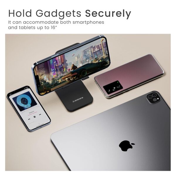 Ambrane Tablet & Mobile Holder for All Smartphones, Tabs, Kindle, iPad Mobile Holding Tabletop Stand, Height Adjustment, Foldable Design, Multipurpose, Anti-Skid Design (Twistand +, Black)