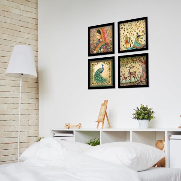 Madhubani Art Framed Painting For Home, Living Room, Hall | Traditional Rajasthani Pichwai Art Paitnings With Frame For Home Decor (Set Of 4)