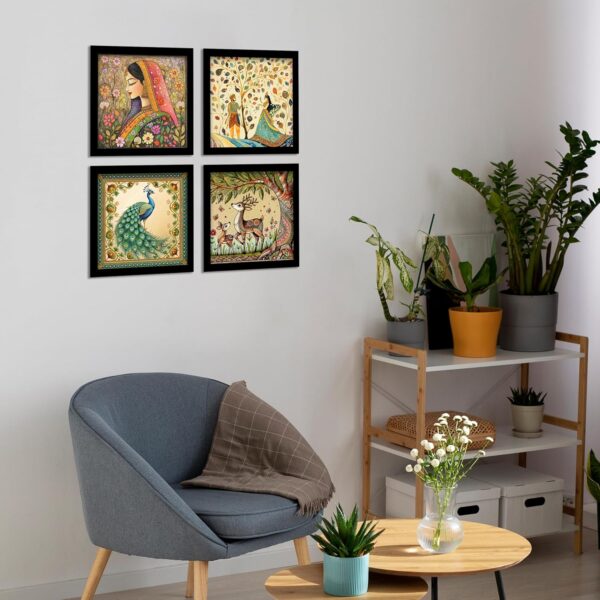 Madhubani Art Framed Painting For Home, Living Room, Hall | Traditional Rajasthani Pichwai Art Paitnings With Frame For Home Decor (Set Of 4)