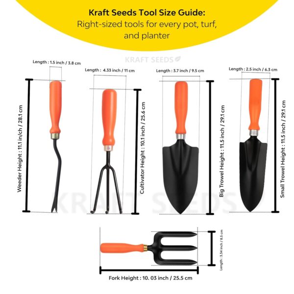 Kraft Seeds Gardening Hand Tools Set - 5 Pieces (Cultivator, Big and Small Trowel, Weeder, Fork) | Tools for Home Garden | Durable Plant Tool Kit | Farming Tools