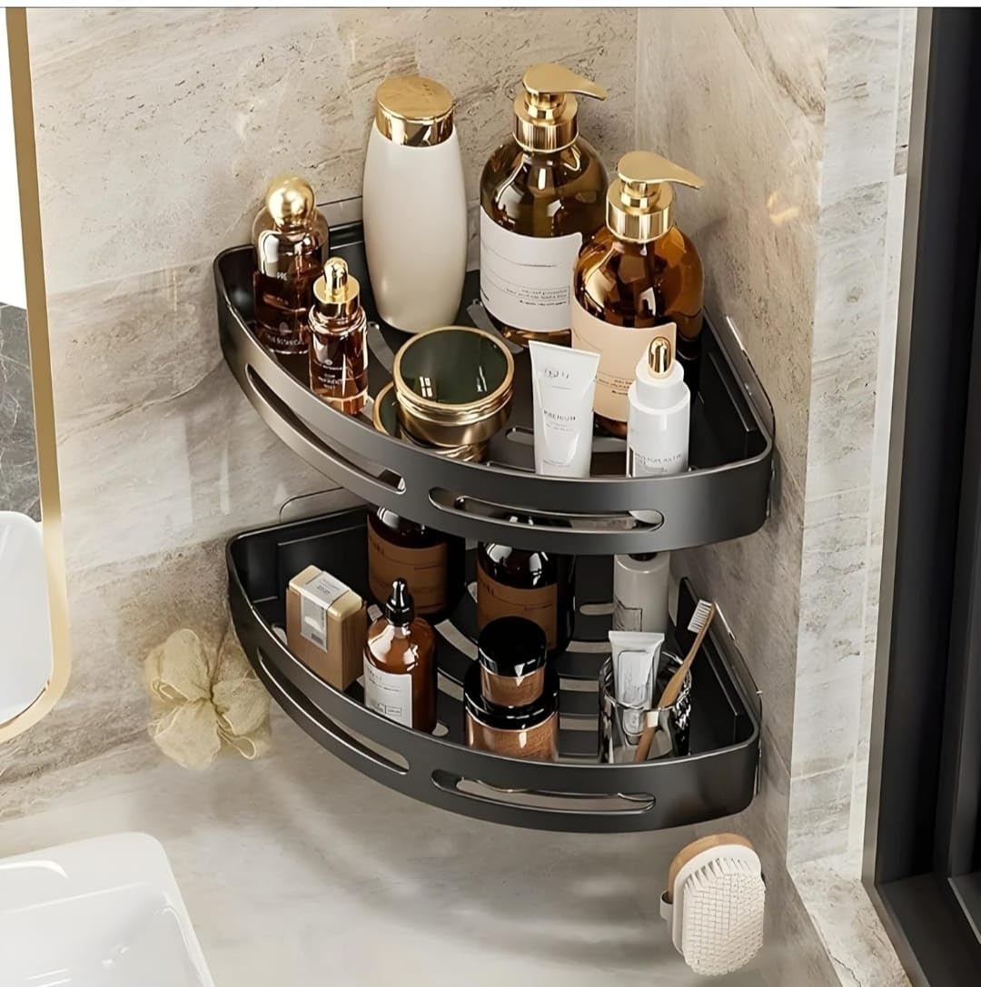 SR 1 PES Plastic Self-Adhesive Wall-Mount Bathroom Corner Shelf Rack Organizer Storage Shelves Holder/Accessories (Black, Pack of 1) (1)