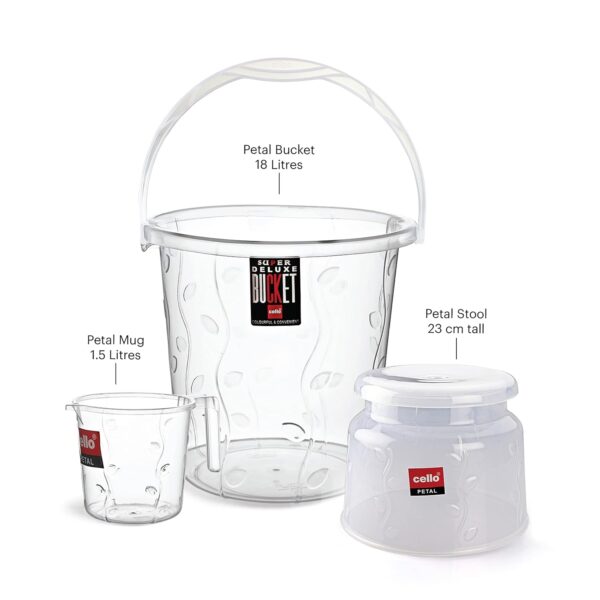 1773074175_Cello-Petal-Bathroom-Accessory-Combo-Set-of-3-Transparent-20L-Bucket-1.5L-Mug-23cm-Tall-Stool-Durable-Stylish-Modern-Design-Plastic-Bath-Combo-Set-for-Modular-Bathroom.jpg Cello Petal Bathroom Accessory Combo Set of 3, Transparent (20L Bucket, 1.5L Mug & 23cm Tall Stool) | Durable, Stylish & Modern Design | Plastic Bath Combo Set for Modular Bathroom