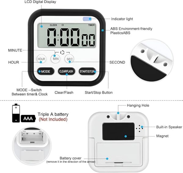 Stopwatch Timer for Study Kitchen Timer Large LCD Screen 24hr Digital Display Magnetic Retractable Stand Loud Alarm Stop Watch Countdown Flashing Light Study Timer for Students Cooking (Pista)
