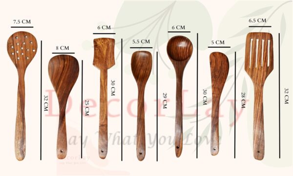 Decorlay Natural Wooden Spoon Set For Cooking Includes Frying Serving Spatula Chapati Dessert Rice Spoons Wooden For Nonstick Cookware Kitchen Utensils And Cooking Spoon Set Of 7 - 35.56 Cm