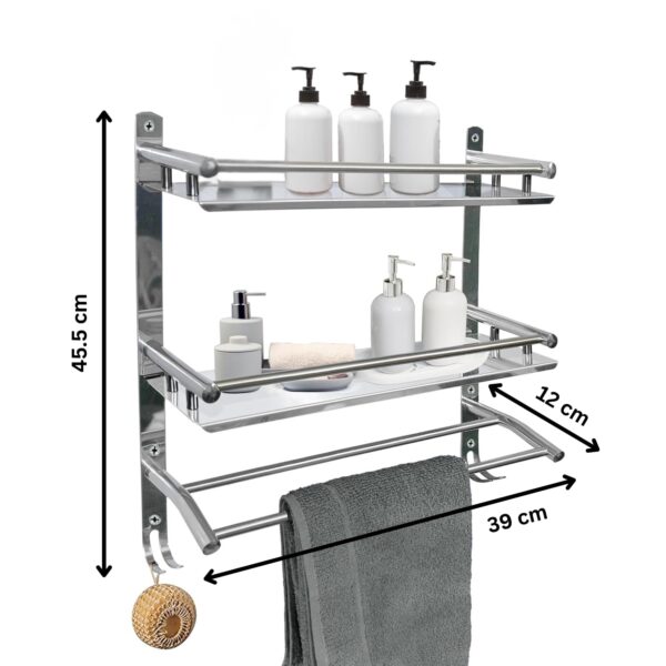 Stainless Steel Double Layer Bathroom Shelf | Wall Mounted Rack with Towel Bar & Hooks | Rust-Free Multipurpose Organizer for Bathroom & Kitchen (Chrome Mirror Finish, Silver)