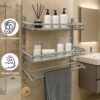 Stainless Steel Double Layer Bathroom Shelf | Wall Mounted Rack with Towel Bar & Hooks | Rust-Free Multipurpose Organizer for Bathroom & Kitchen (Chrome Mirror Finish, Silver)