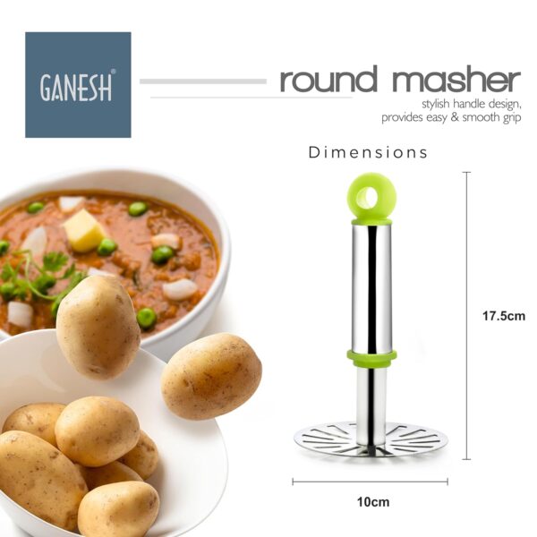1773136930_GANESH-Stainless-Steel-Potato-Crusher-Vegetable-Smasher-Pav-Bhaji-Masher-with-Handle-for-Effortless-Kitchen-Uses-Pack-of-1-Assorted.jpg GANESH Stainless Steel Potato Crusher Vegetable Smasher Pav Bhaji Masher with Handle for Effortless Kitchen Uses (Pack of 1, Assorted)