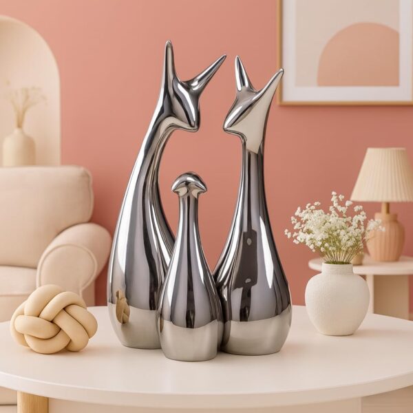 Home Decor Lucky Silver Deer Statue Family Ceramic Figures - (Set of 3, Silver Set)