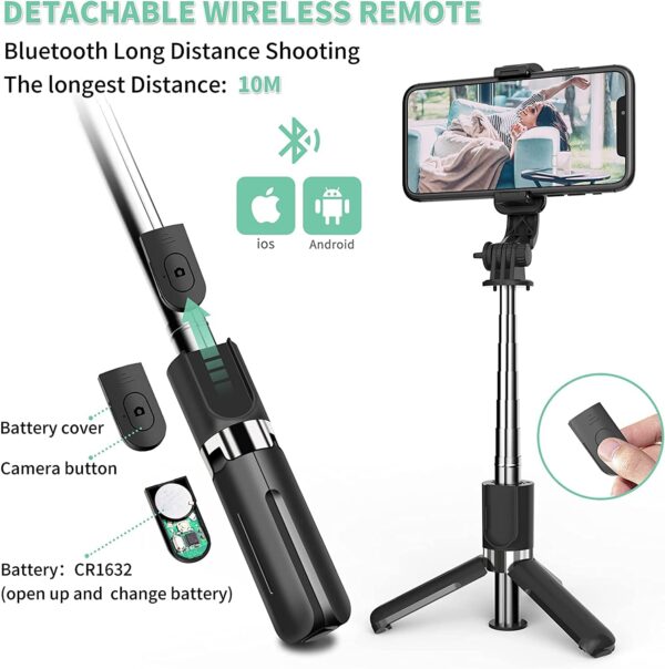 Portable Selfie Stick,Handy Tripod with Detachable Wireless Remote&Mini Tripod Stand for iPhone 13 12 11 Pro Xs Max Xr X 8 7 6 Plus,Smartphone (Without Light)(Black) Pack of 1