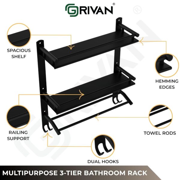 GRIVAN Stainless Steel Multipurpose Double Layer Bathroom Shelf with Towel Road Racks Wall Mount Bath Shelf Organizer, Bathroom Accessories (Black Matte Finish)