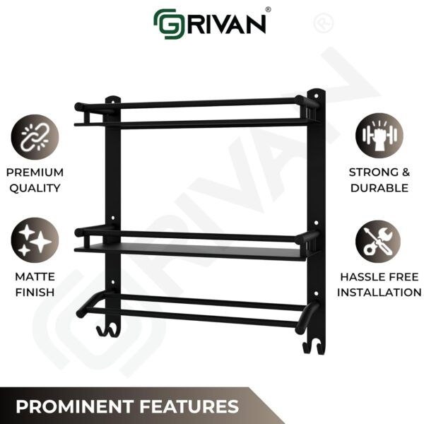 GRIVAN Stainless Steel Multipurpose Double Layer Bathroom Shelf with Towel Road Racks Wall Mount Bath Shelf Organizer, Bathroom Accessories (Black Matte Finish)