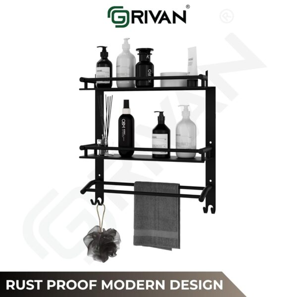 GRIVAN Stainless Steel Multipurpose Double Layer Bathroom Shelf with Towel Road Racks Wall Mount Bath Shelf Organizer, Bathroom Accessories (Black Matte Finish)