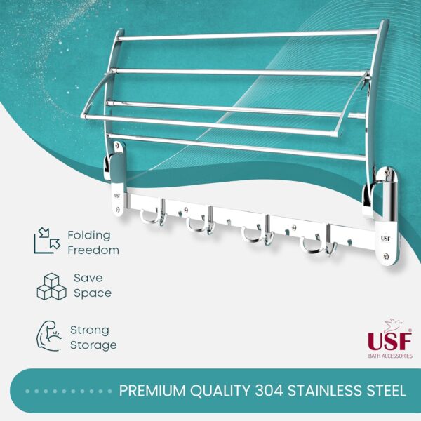 1773407705_USF-24-Inch-Stainless-Steel-Towel-Rack-Foldable-Wall-Mounted-Towel-Holder-with-Hook-Chrome-Finish-Rust-Resistant-Design-Strong-Load-Bearing-Bathroom-Accessories-25-Years-Warranty.jpg USF 24 Inch Stainless Steel Towel Rack | Foldable Wall Mounted Towel Holder with Hook | Chrome Finish | Rust Resistant Design | Strong Load Bearing | Bathroom Accessories | 25 Years Warranty