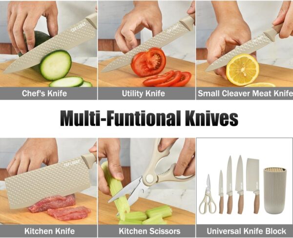 6 Piece Knife Set with Block | 6-Piece Professional Chef Cooking Knives Set for Kitchen | Non-Stick Stainless Steel Knife Block Set | Ergonomical Design (Beige)