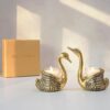 BEHOMA Metal Pair of Swans with Gift Box for Good Luck and Love | Candle Holder for Home Decor Tabletop Living Room Office | Showpiece Vastu Statue for Gifting (Candles/Plants Etc Not Included), Gold