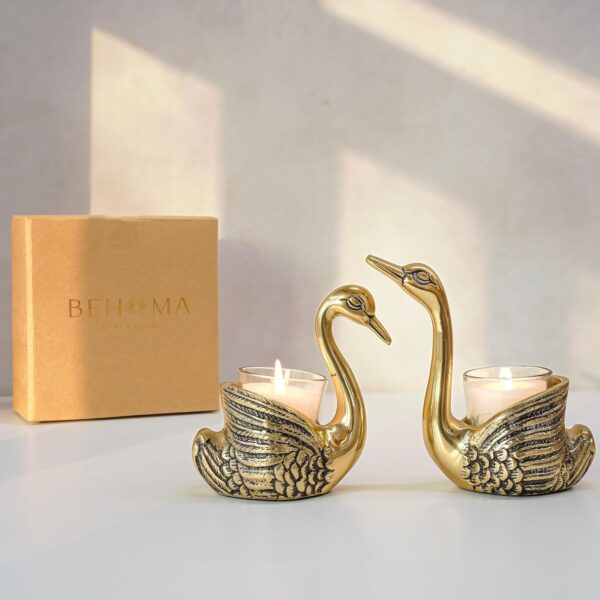 BEHOMA Metal Pair of Swans with Gift Box for Good Luck and Love | Candle Holder for Home Decor Tabletop Living Room Office | Showpiece Vastu Statue for Gifting (Candles/Plants Etc Not Included), Gold