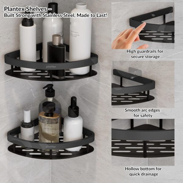 Plantex Self Adhesive Corner Shelf for Bathroom Wall/Aluminium & Stainless Steel Corner Shelf/Storage Organizer/Bathroom Accessories Set - Pack of 2 (8 x 8 inch, Black)