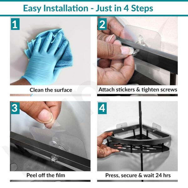 Plantex Self Adhesive Corner Shelf for Bathroom Wall/Aluminium & Stainless Steel Corner Shelf/Storage Organizer/Bathroom Accessories Set - Pack of 2 (8 x 8 inch, Black)