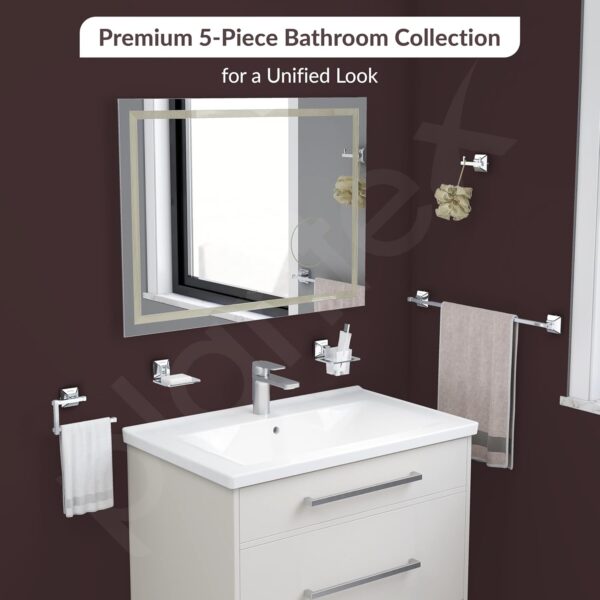 Plantex 304 Grade Stainless Steel Bathroom Accessories Set of 5 - Towel Rod/Hand Napkin Hanger for Wash Basin/Soap Case/Toothbrush Holder/Robe Hook - Squaro (Chrome)