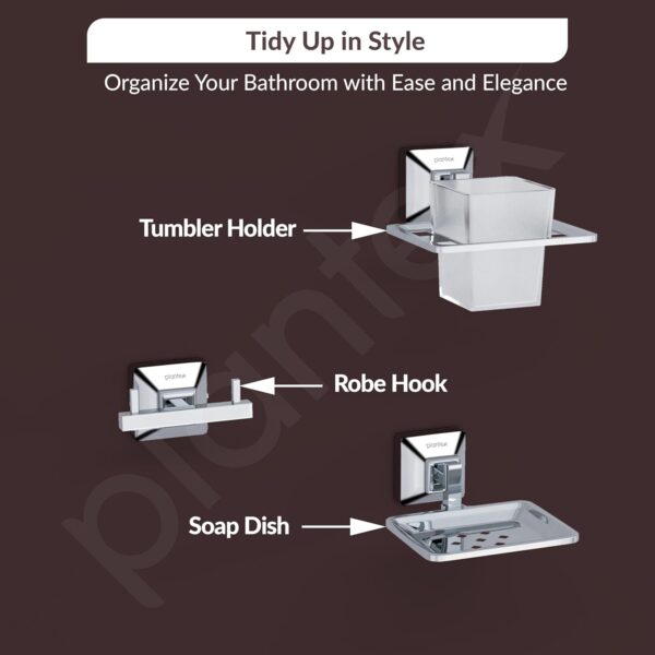 Plantex 304 Grade Stainless Steel Bathroom Accessories Set of 5 - Towel Rod/Hand Napkin Hanger for Wash Basin/Soap Case/Toothbrush Holder/Robe Hook - Squaro (Chrome)