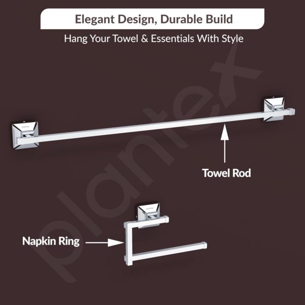 Plantex 304 Grade Stainless Steel Bathroom Accessories Set of 5 - Towel Rod/Hand Napkin Hanger for Wash Basin/Soap Case/Toothbrush Holder/Robe Hook - Squaro (Chrome)