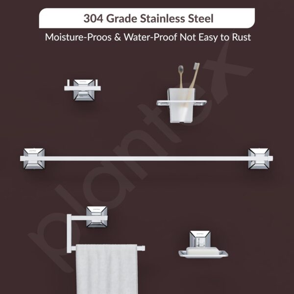 Plantex 304 Grade Stainless Steel Bathroom Accessories Set of 5 - Towel Rod/Hand Napkin Hanger for Wash Basin/Soap Case/Toothbrush Holder/Robe Hook - Squaro (Chrome)