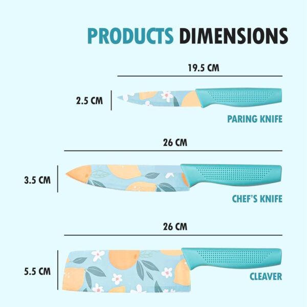 Knife Set for Kitchen Professional 3 Pieces High Carbon Stainless Steel Colour Printed Coated Chef Knife I Utility Knife I Kitchen Knives with Ergonomic Handle-Blue