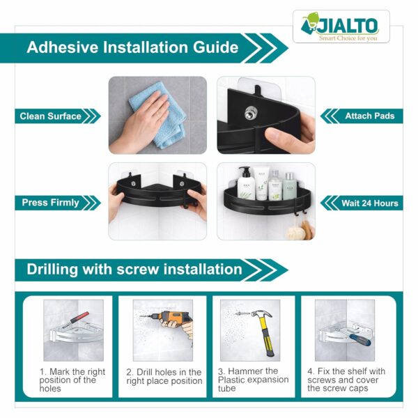 JIALTO 2 Pcs Racks for Bathroom Corner Adhesive Shelf- Wall Corner Stand- Corner Stand and Rack Without Drilling- Bathroom Storage Organizer- Accessories and Storage Rack (Black)