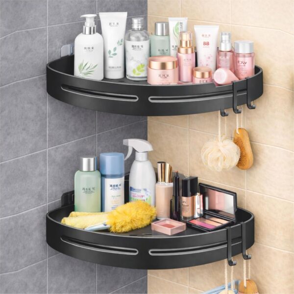 JIALTO 2 Pcs Racks for Bathroom Corner Adhesive Shelf- Wall Corner Stand- Corner Stand and Rack Without Drilling- Bathroom Storage Organizer- Accessories and Storage Rack (Black)