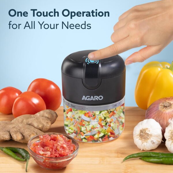 AGARO Elite Rechargeable Mini Electric Chopper, Food Grade Bowl, Stainless Steel Blades, Rechargeable, One Touch Operation, for Chopping Garlic, Ginger, Onion, Vegetable, Nuts, 250 Ml, Black