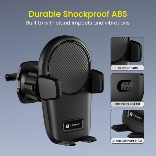 Portronics Clamp Z Car Phone Holder Stand with 360 Degree Rotation, AC Vent Mount, Strong Grip, Single Hand Use, Shockproof Build, Mobile Stand for Car (Black)
