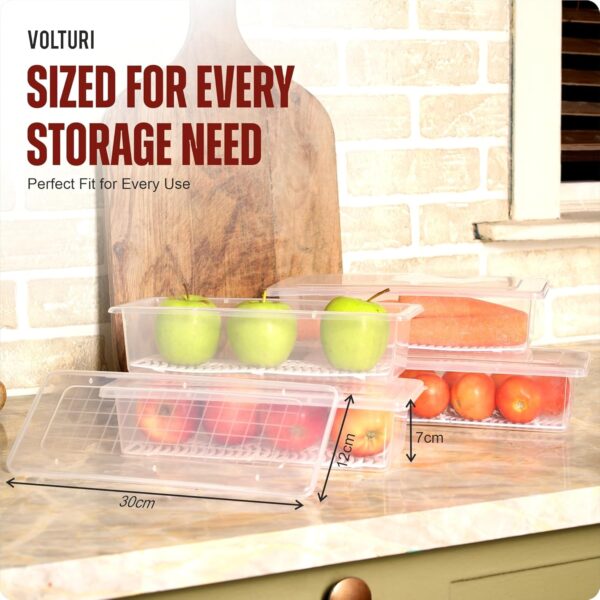 VOLTURI Fridge Storage Containers (Pack of 6), Fridge Organiser Storage Boxes with Removable Drain Plate, Lids, Stackable Organizer, Fridge Storage Box Keep Fruits, Vegetables Fresher, 1500 ML