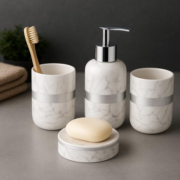 1773718611_Whizzo-Luxury-Ceramic-Bathroom-Accessories-Set-–-4-Pcs-White-Marble-Finish-with-Silver-Lining-Soap-Dispenser-Toothbrush-Holder-Tumbler-Soap-Dish-Bathroom-Decor-BS-836-White-Silver.jpg Whizzo Luxury Ceramic Bathroom Accessories Set – 4 Pcs | White Marble Finish with Silver Lining | Soap Dispenser, Toothbrush Holder, Tumbler & Soap Dish | Bathroom Decor (BS-836, White & Silver)