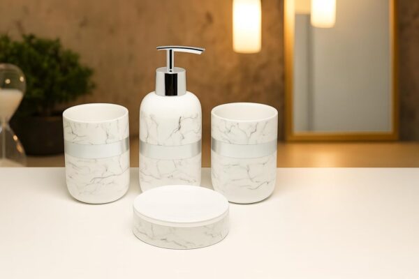 1773718612_Whizzo-Luxury-Ceramic-Bathroom-Accessories-Set-–-4-Pcs-White-Marble-Finish-with-Silver-Lining-Soap-Dispenser-Toothbrush-Holder-Tumbler-Soap-Dish-Bathroom-Decor-BS-836-White-Silver.jpg Whizzo Luxury Ceramic Bathroom Accessories Set – 4 Pcs | White Marble Finish with Silver Lining | Soap Dispenser, Toothbrush Holder, Tumbler & Soap Dish | Bathroom Decor (BS-836, White & Silver)
