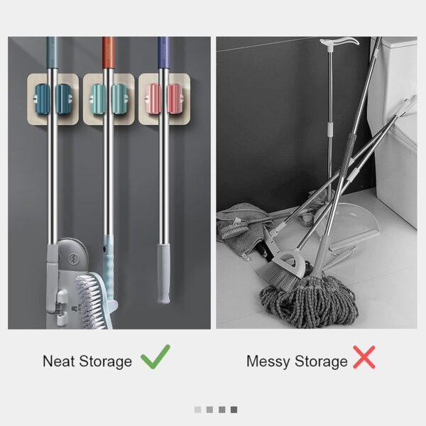 wolpin Self Adhesive Mop Holder Hooks | Wall Mount Broom Organizer for Bathroom & Kitchen | Steel & Plastic Waterproof Multipurpose Holders | Pack of 3 Slots | Easy No-Drill Installation