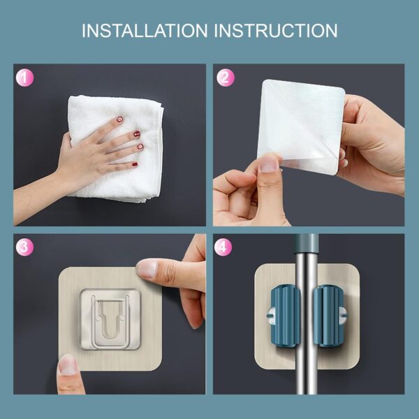 wolpin Self Adhesive Mop Holder Hooks | Wall Mount Broom Organizer for Bathroom & Kitchen | Steel & Plastic Waterproof Multipurpose Holders | Pack of 3 Slots | Easy No-Drill Installation
