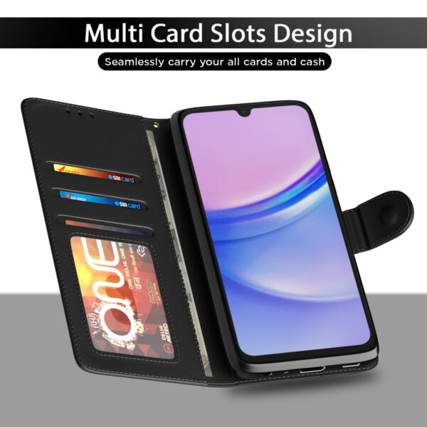Pikkme Flip Cover Leather Finish | Inside TPU with Card Pockets | Wallet Stand and Shock Proof | Complete Protection Flip Case for Samsung Galaxy F15 5G / M15 5G / M15 Prime 5G(Black)
