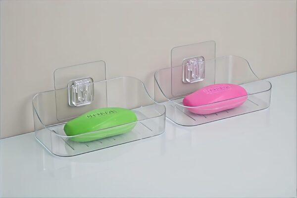 Self-Adhesive Soap Holder for Bathroom | Transparent Plastic Soap Stand with Self-Draining Design | bathroom organiser without drill & Bathroom Organizer Accessories Set (Pack of 2)