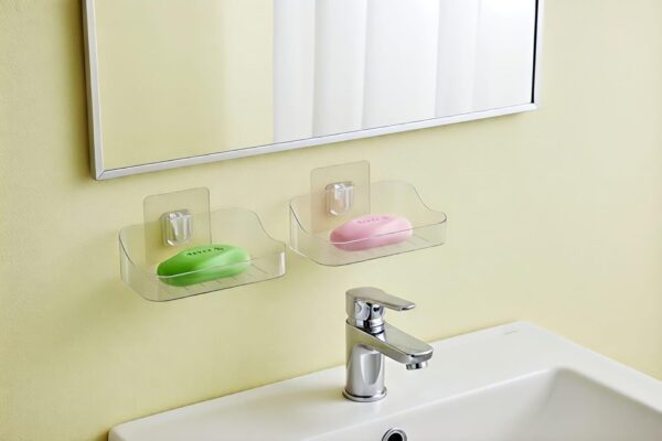 Self-Adhesive Soap Holder for Bathroom | Transparent Plastic Soap Stand with Self-Draining Design | bathroom organiser without drill & Bathroom Organizer Accessories Set (Pack of 2)