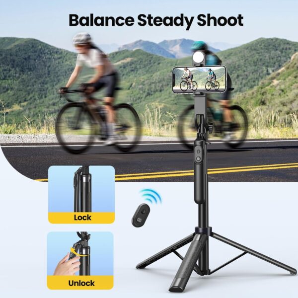 KINGONE Long Selfie Stick with Tripod Stand Aluminum 71inch/180cm, 360° Degree Rotation Selfie Stick Tripod for Phone, Rechargeable Remote & LED Fill Light, 1/4" Screw for Camera Gopro for Vlogging