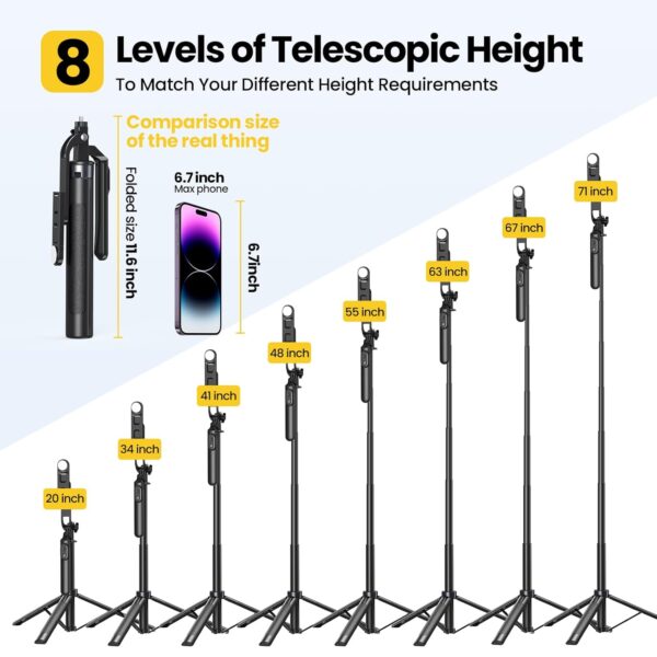 KINGONE Long Selfie Stick with Tripod Stand Aluminum 71inch/180cm, 360° Degree Rotation Selfie Stick Tripod for Phone, Rechargeable Remote & LED Fill Light, 1/4" Screw for Camera Gopro for Vlogging