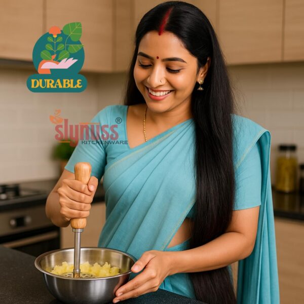 Slynuss ® | Potato Masher Stainless Steel | Pav Bhaji Smasher for Kitchen with Wooden Handle | Potato Smasher | Kitchen utilities | Pack of 1| (Round-Size-3), 8.5 CM