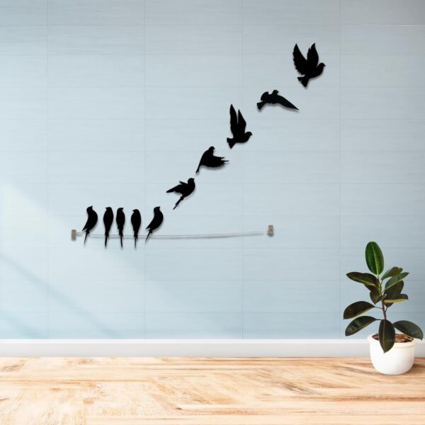 7 Decore | Wooden 3D 10 Pieces Birds on Rope Wall Art Panel | Wall Hanging Art Decoration Item for Living Room, Bedroom, Drawing Room, Dining Room & Office (Black)