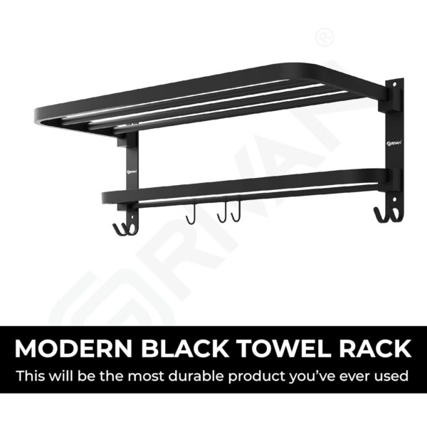 GRIVAN Premium Stainless Steel 24 Inch Foldable Towel Rack/Shelf/Stand for Bathroom, Towel Holder with Hooks and Hanger (Black Matte, Pack of 1)