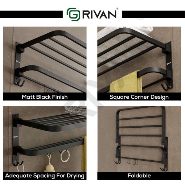 GRIVAN Premium Stainless Steel 24 Inch Foldable Towel Rack/Shelf/Stand for Bathroom, Towel Holder with Hooks and Hanger (Black Matte, Pack of 1)